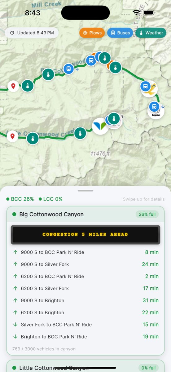 UpCanyon app showing canyon traffic data